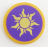 Tile, Round 2 x 2 with Bottom Stud Holder with Gold Sun on Dark Purple Background Pattern