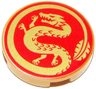Tile, Round 2 x 2 with Bottom Stud Holder with Gold Dragon on Red Background Pattern