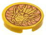 Tile, Round 2 x 2 with Bottom Stud Holder with Gold Dragon Head on Copper Background Pattern