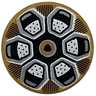 Tile, Round 2 x 2 with Bottom Stud Holder with Wheel Rim with Silver Hexagonal Spokes, Black Lines and Lamborghini Logo Pattern