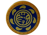 Tile, Round 2 x 2 with Bottom Stud Holder with Gold Ninjago Logogram 'T OF S' and Blades / Drops in Dark Blue Circle with Dark Orange Edge Pattern