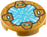 Tile, Round 2 x 2 with Bottom Stud Holder with Medium Azure Crystal with White Radiating Reflections, Clasps with Dark Orange Shapes Pattern