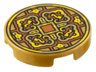 Tile, Round 2 x 2 with Bottom Stud Holder with Gold and Yellow 4 Petal Flower Design and Square on Dark Orange Background Pattern (Coin)