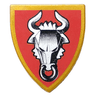 Minifigure, Shield Triangular Short with Silver and Black Adric Bull on Dark Red Background Pattern