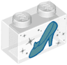 Brick 1 x 2 without Bottom Tube with Metallic Light Blue Shoe with Heel and Heart, Silver Sparkles and Dots Pattern (Cinderella Glass Slipper)