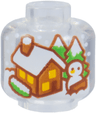 Minifigure, Head without Face with Snow Globe, Reddish Brown and Medium Nougat Cabin with Yellow Windows, Bright Green Trees, and White Snowman Pattern