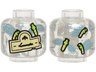 Minifigure, Head without Face with Tan Label with Black Script Writing and Lime Insects with Silver and Metallic Light Blue Wings Pattern