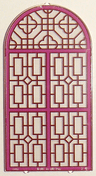 Glass for Door Frame 1 x 6 x 7 Arched with Notches and Rounded Pillars with Dark Pink Panes and Ornate Lines Pattern