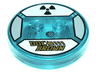 Dimensions Toy Tag 4 x 4 x 2/3 with 2 Studs and Trans-Light Blue Bottom with Gold 'DOC BROWN' and Broken Arrow, Black Radioactivity Warning on White Background Pattern (Doc Brown)