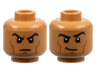 Minifigure, Head Dual Sided Black Eyebrows, Dark Orange Cheek Lines and Chin Dimple, Scowl / Smirk with Raised Eyebrow Left Pattern
