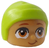 Mini Doll, Head, Modified Baby / Toddler with Molded Lime Cap and Printed Reddish Brown Eyebrows and Dark Orange Eyes, Lopsided Grin Pattern