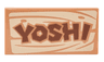 Tile 2 x 4 with Reddish Brown 'YOSHI' on Tan Wood Grain Pattern