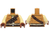 Torso Vest Open over Tan Shirt, Dark Brown Belt with Silver Buckle, Strap with Pouches, Olive Green Neck Pattern / Tan Arms / Reddish Brown Hands