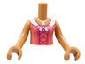 Torso Mini Doll Girl Coral Dress, Silver Necklace and Filigree, White Collar, Magenta Stitching Pattern, Medium Nougat Arms with Hands