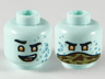 Minifigure, Head Dual Sided Alien with Black Eyebrows, Lower Eyelids, Orange Eyes, Metallic Light Blue Triangles, Lopsided Open Mouth Smile with Top Teeth and Red Tongue / Olive Green and Reddish Brown Camouflage Bandana Pattern