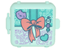 Container, Box 3 x 8 x 6 2/3 Half Front with Present with Coral Bow, Medium Lavender Cat Face, Dark Turquoise Heart, and Ornament Pattern