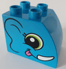 Duplo, Brick 2 x 3 x 2 Slope Curved with Circled Black Eye with Lime Highlight, Ear, Smile, Dark Pink Tongue, and White Tusk, Elephant Head Pattern on Both Sides