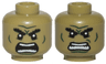Minifigure, Head Dual Sided Alien with Black Bushy Eyebrows, Lower Eyelids, Dark Green Cheek Lines, Chin Crease, and Wrinkles, Furrowed Brow, Angry Open Mouth with Teeth Parted / Bared Teeth Pattern