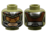 Minifigure, Head Armor, Medium Nougat Visor, Light Nougat Face with Grin, Silver and Reddish Brown Trim Pattern
