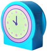 Duplo, Brick 1 x 2 x 2 Round Top, Cut Away Sides with Yellowish Green Clock Face with Dark Purple Hands and Metallic Pink Bezel Pattern