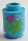Brick, Round 1 x 1 with Lime and White Paw Prints and Dark Pink Heart Pattern