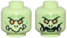 Minifigure, Head Dual Sided Alien with Orange Eyes, Nostrils, Bright Green Markings, White Bottom Fangs, Angry / Evil Open Mouth Smile with Tongue Pattern