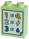 Duplo, Brick 1 x 2 x 2 with Number 1, 2 and 3, Black Check Boxes, Bright Light Orange Wrench, Lightning Bolt, Blue Drop on White Sheet Pattern