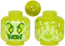 Minifigure, Head Alien Ghost Clown with Yellowish Green Face, Large Raised Eyebrows, Pointed Eyes and Flames in Back Pattern