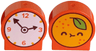 Duplo, Brick 1 x 2 x 2 Round Top, Cut Away Sides with White Clock Face, Dark Brown Hands, Bright Light Orange Fruit Face on Back with Lime Leaf Pattern