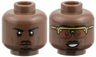 Minifigure, Head Dual Sided Black Eyebrows, Moustache and Goatee, Dark Brown Cheek Lines and Chin Dimple, Frown / Gold Glasses with Dark Orange Lenses, Open Mouth Smile with Teeth Pattern