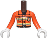 Torso Mini Doll Girl Reddish Orange Fire Suit Jacket with Bright Light Yellow and Silver Reflective Stripes, Buckle, Buttons and Fire Logo Badge, Black Belt, Collar and Pocket Pattern, Reddish Orange Arms / Sleeves with White Hands / Gloves