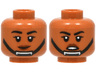 Minifigure, Head Dual Sided Female Black Eyebrows and Eyelashes, Reddish Brown Lips, Chin Strap, Slight Lopsided Grin / Angry Open Mouth with Teeth Pattern
