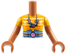 Torso Mini Doll Girl Bright Light Orange Striped T-Shirt, Bright Light Blue Skirt Top and Orange Belt with Candy Buckle and Necklace Pattern, Sienna Arms with Hands with Bright Light Orange Short Sleeves