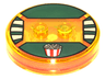 Dimensions Toy Tag 4 x 4 x 2/3 with 2 Studs and Trans-Orange Bottom with Red and White Popcorn Bucket on Dark Green Background Pattern (Stripe)