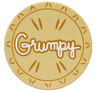 Tile, Round 2 x 2 with Bottom Stud Holder with White 'Grumpy', Dark Tan Outline and Lines (Pie Lid) Pattern
