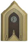 Tile, Modified 2 x 3 Pentagonal with Dark Tan Arches and Spires, Light Bluish Gray Clock, Reddish Brown Window with Dark Brown Lattice Pattern