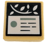 Tile 1 x 1 with White Vine and Information Plaque with Text Lines, Sand Green Rectangle and Dot on Dark Green Background Pattern