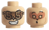 Minifigure, Head Dual Sided Alien Black Eyebrows, Glasses with Number 5, Open Mouth with Teeth / Gold Eyes, Nougat Face, Singing Pattern