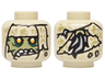 Minifigure, Head Alien Olive Green Face with Dark Green Markings, Bright Light Orange Eyes, Tattered Wrappings with Gold Highlights, Light Bluish Gray Ponytail on Back Pattern