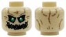 Minifigure, Head Alien Scarecrow with Green Eyes, Dark Tan Stitching and Lines, Open Black Mouth with Strings Pattern