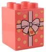 Duplo, Brick 2 x 2 x 2 with Present / Gift with White Ribbon with Bow and Bright Light Yellow Polka Dots Pattern