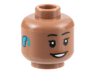 Minifigure, Head Female Black Thin Eyebrows, Single Eyelashes, Dark Orange Lips, Dark Turquoise Hearing Aid on Right, Open Mouth Smile with Teeth Pattern