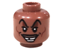 Minifigure, Head Black Raised Eyebrows and Moustache, Reddish Brown Eye Shadow and Cheek Lines, Crooked Open Mouth Smile Pattern