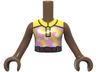 Torso Mini Doll Girl Bright Pink Sleeveless Top with White Polka Dots, Yellow Collar and Stripes, Reddish Brown Belt Pattern, Medium Brown Arms with Hands