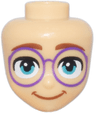 Mini Doll, Head Friends with Thick Reddish Brown Eyebrows, Dark Turquoise Eyes, Round Dark Purple Glasses, and Closed Mouth Smile Pattern