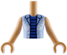 Torso Mini Doll Boy Bright Light Blue Open Shirt with White Shapes over Blue and Dark Blue Striped Undershirt Pattern, Medium Tan Arms with Hands