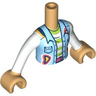 Torso Mini Doll Girl Bright Light Blue Vest with Pockets and Lime and White Striped Shirt Pattern, Medium Tan Arms with Hands with White Long Sleeves