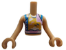 Torso Mini Doll Girl Bright Light Orange Top with Blue, Bright Pink and White Symbols and Blue Straps Pattern, Medium Tan Arms with Hands