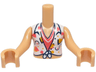 Torso Mini Doll Girl White Knotted Blouse with Dark Blue, Coral and Bright Light Orange Lines and Shapes over Shirt Pattern, Medium Tan Arms with Hands