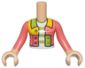 Torso Mini Doll Girl Coral, Lime, and Bright Light Orange Patchwork Jacket Open over White Shirt with Stripes Pattern, Medium Tan Arms with Hands with Coral Long Sleeves